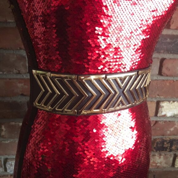 Vintage 90s Stretch Belt Metal X Metallic Gold & Black Leather Elastic XS-S - Picture 2 of 7